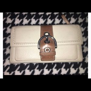 Coach, leather, white & brown trifold wallet